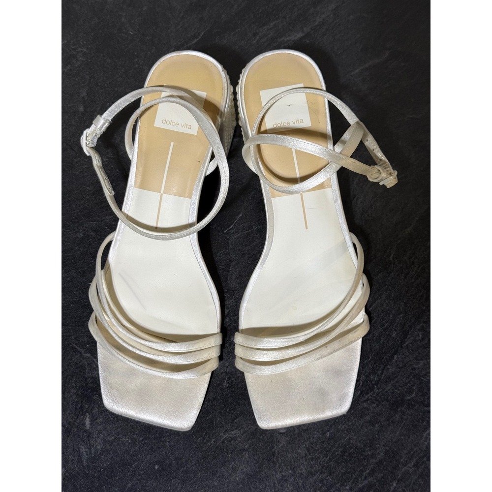 Dolce Vita Satin Pearl Block Heel Bridal Sandals Ivory Square Toe Size 8.5 Party - Picture 2 of 9